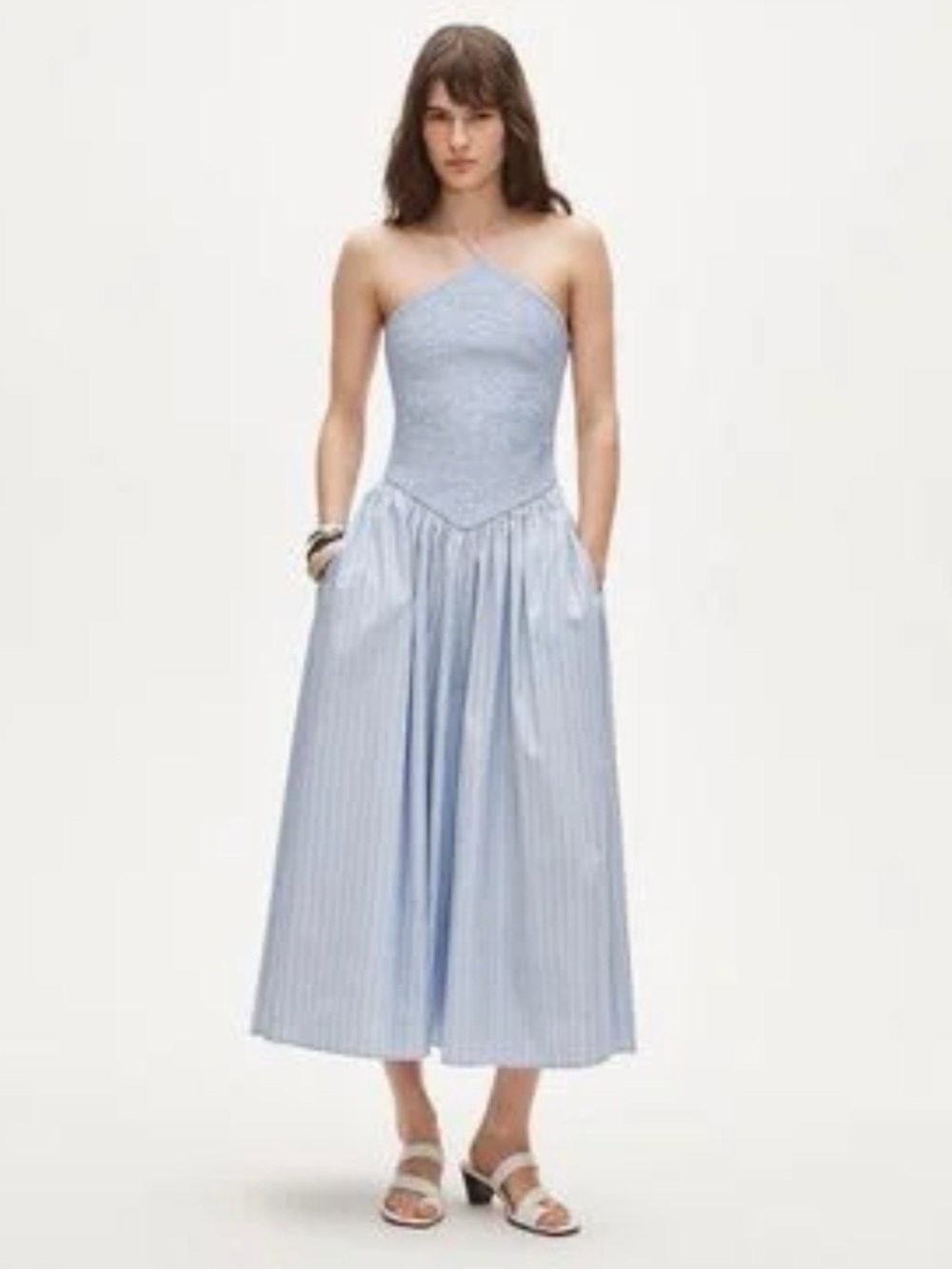 J crew Light Blue Strapless Midi Dress with Subtle Pinstripes